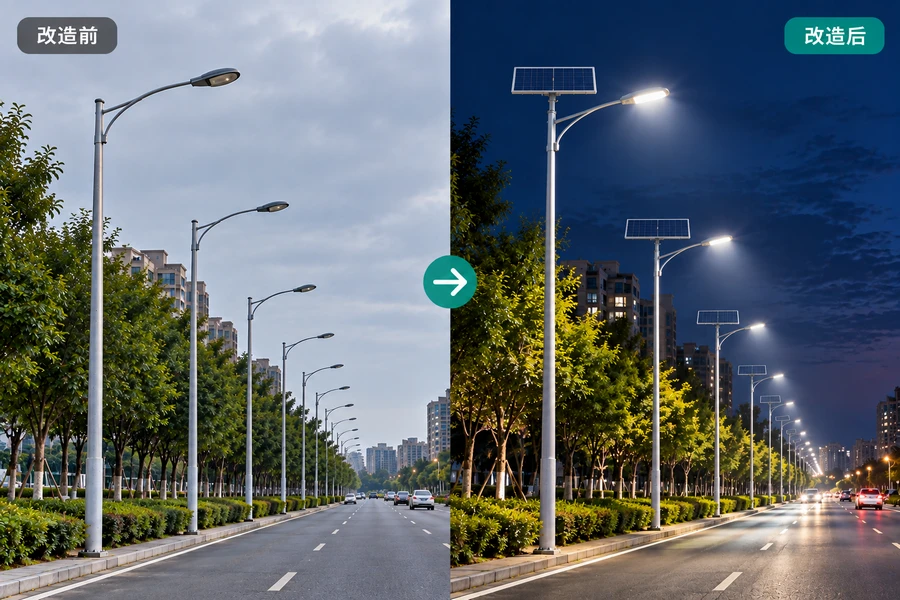 市电路灯太阳能改造前后对比