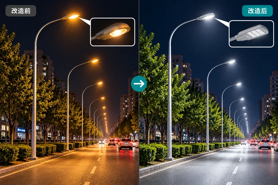 传统道路灯具升级LED灯具前后对比