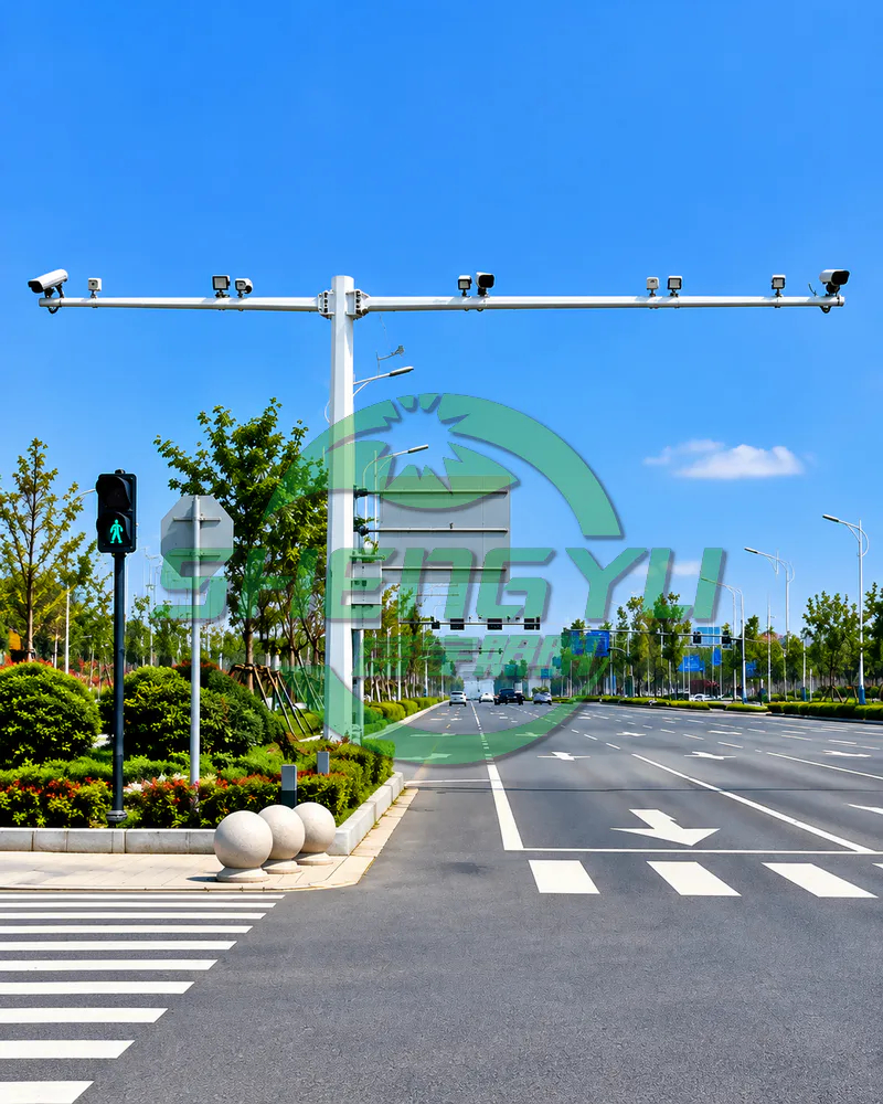T型电子警察杆安装道路监控设备，用于交通信号及车辆检测