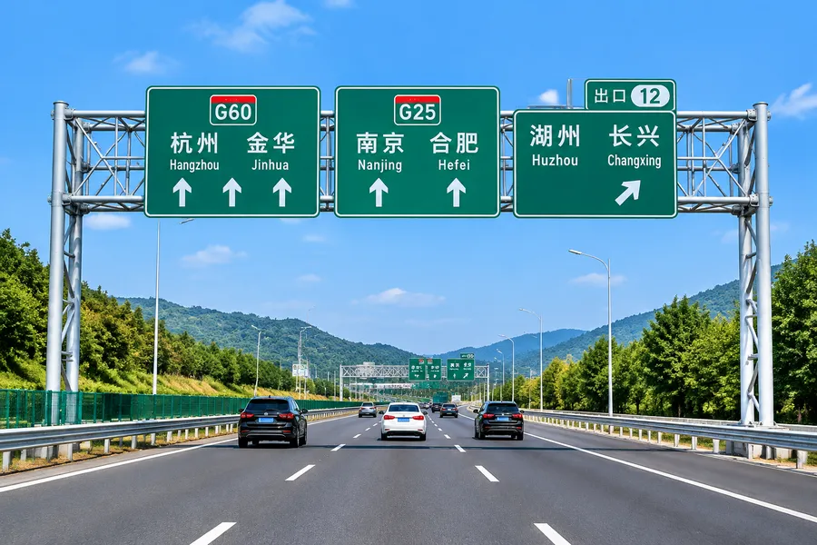 高速公路交通指示龙门架，安装道路标志牌和交通引导设施