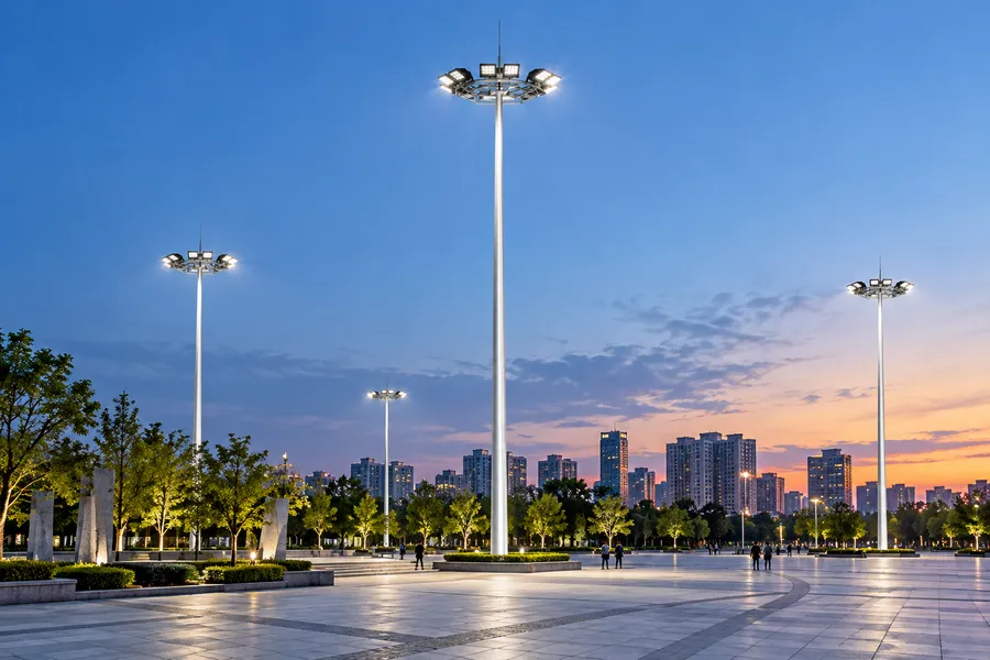 大型城市广场LED高杆灯照明，圆形多灯头高杆灯夜景