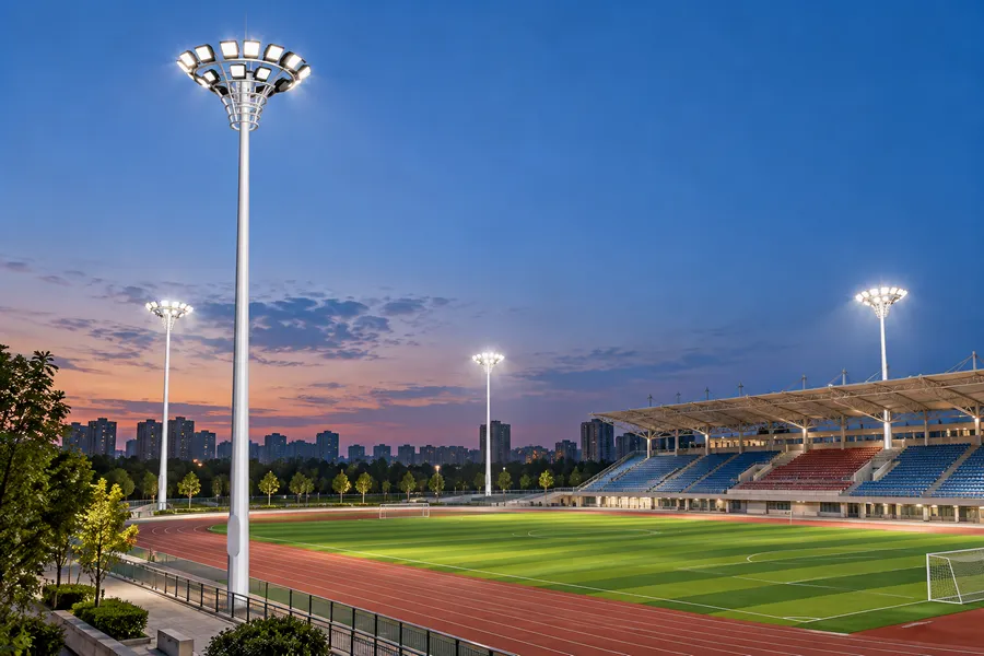 体育场LED高杆灯照明，圆形多灯头投光灯照亮足球场及跑道