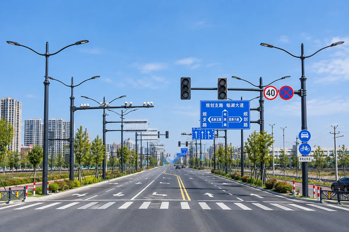 ALT： 城市道路综合杆安装场景，集成道路照明、交通标志及交通信号设施