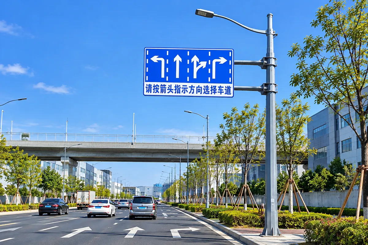 工业园区综合杆安装场景，集成LED道路照明及蓝色车道指示标志牌