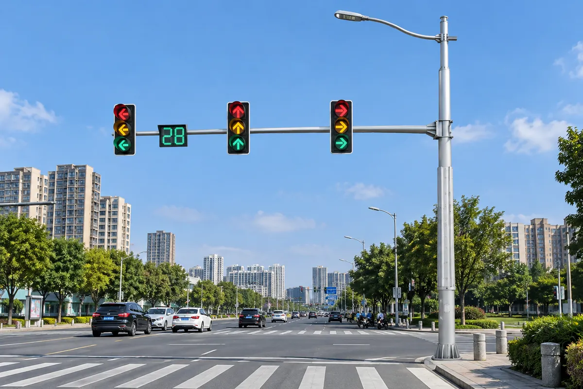 交通路口综合杆安装场景，集成LED路灯、交通信号灯及倒计时显示屏