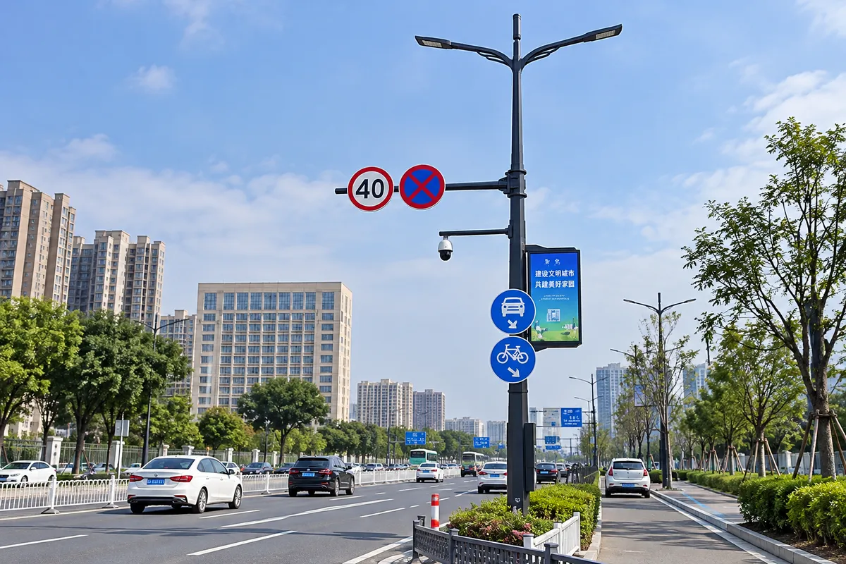 城市道路监控综合杆安装场景，集成LED路灯、监控摄像机及交通标志牌