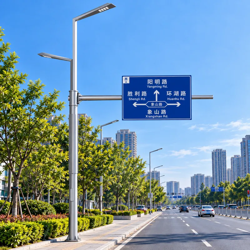 城市道路综合杆安装应用，集成LED路灯与交通指路标志牌