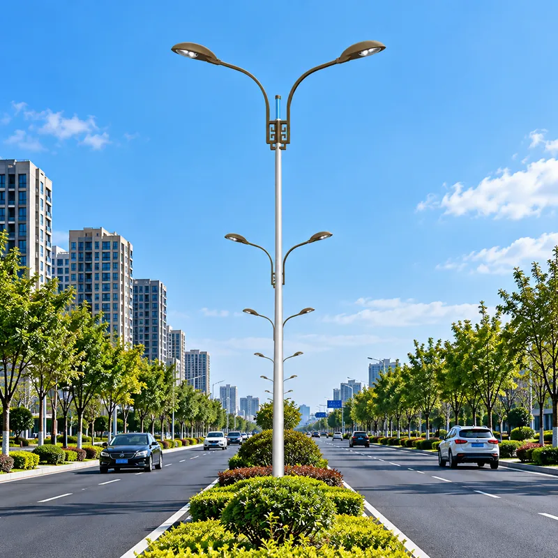 城市道路双臂路灯照明，银灰色灯杆搭配对称弧形双灯臂及LED灯具