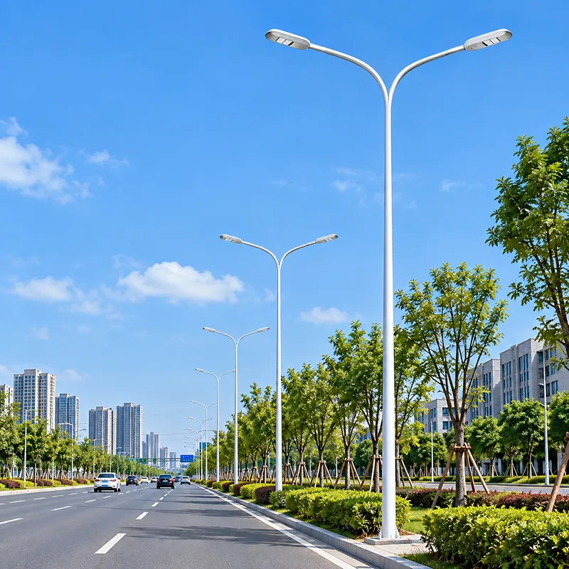城市道路双臂路灯杆安装场景，白色火叉丫Y形LED路灯杆