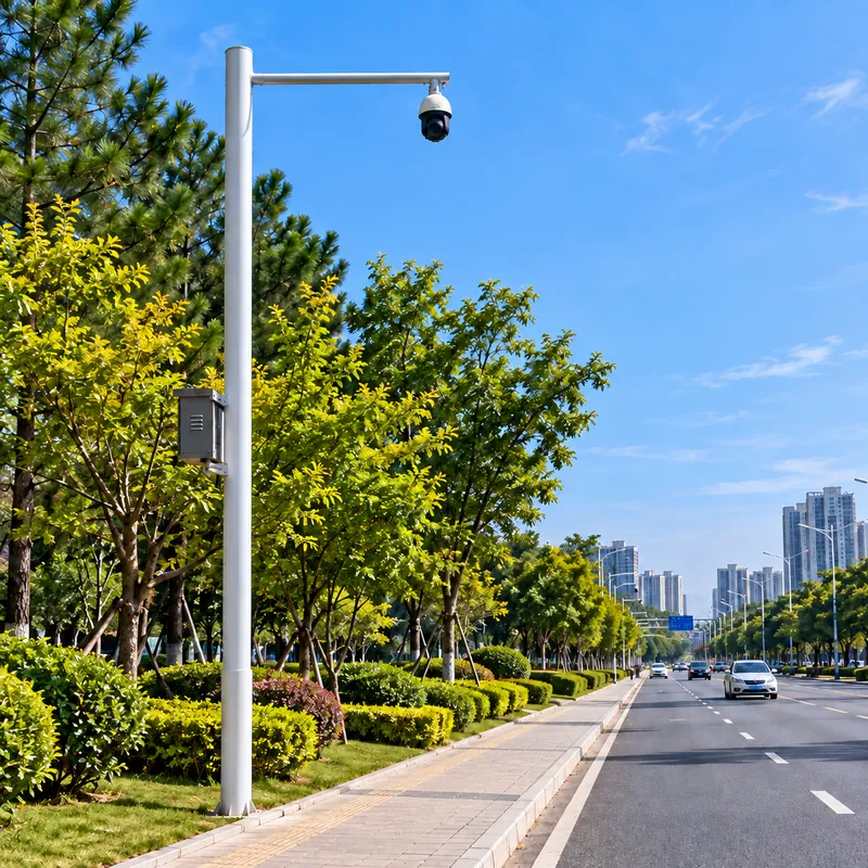 城市道路监控杆安装应用，配备球形摄像机及设备箱