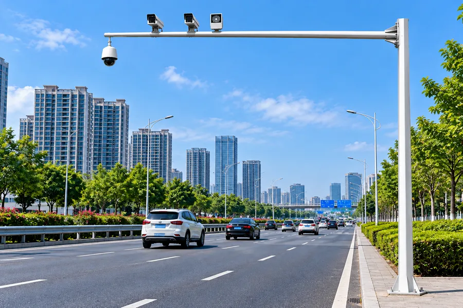 城市道路监控杆安装场景，白色长横臂多摄像机监控杆
