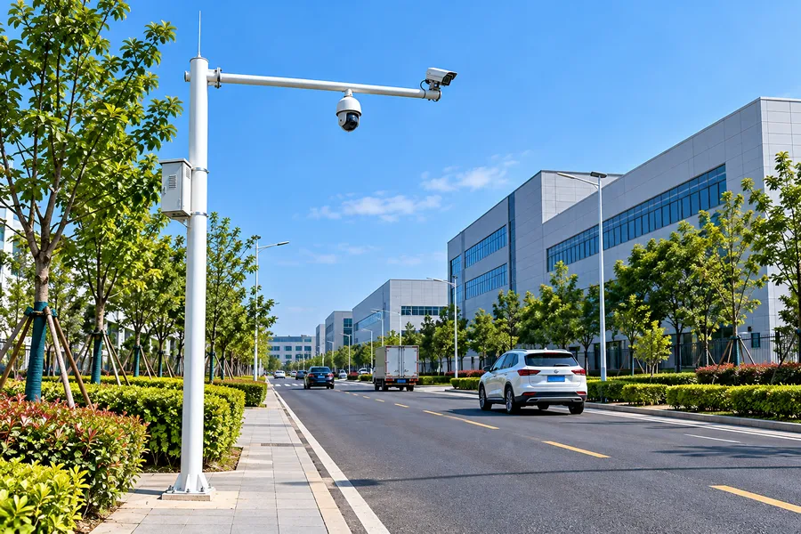 工业园区道路监控杆安装场景，白色长横臂枪机球机组合监控杆