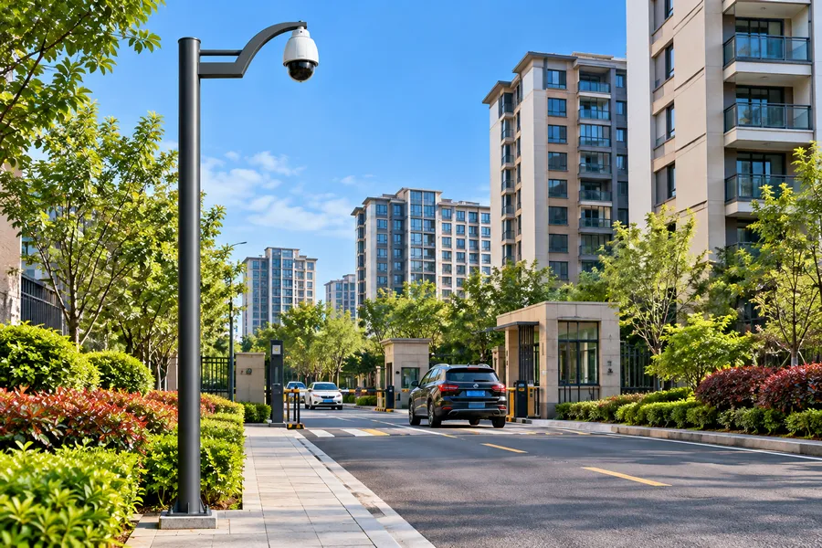住宅小区监控杆安装场景，深灰色弧形短臂球机监控杆