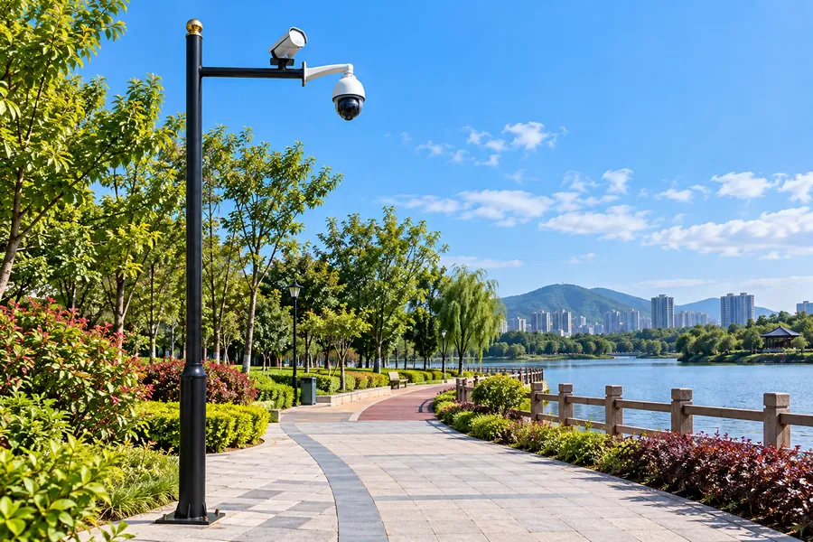 公园景区监控杆安装场景，黑色装饰型枪机球机组合监控杆