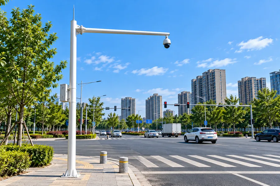 交通路口监控杆安装场景，白色单横臂球形摄像机监控杆