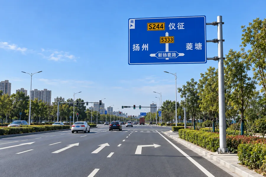 城市主干道旁支撑蓝色指路牌的单悬臂交通标志杆