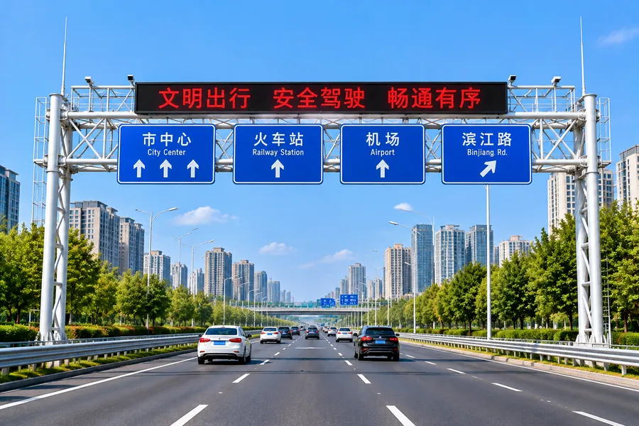 城市道路交通信息龙门架，安装交通指示牌和道路信息显示设备