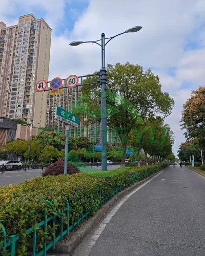 城市道路综合杆，双臂路灯与交通禁令标志组合