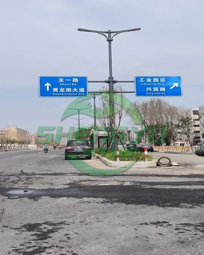 工业园区道路综合杆，双臂LED路灯与双向指路标志牌