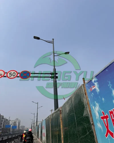 城市道路综合杆，双臂LED路灯与交通限速禁令标志