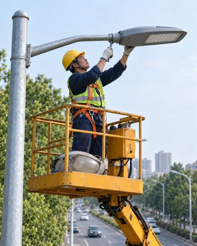 工作人员站在升降平台内更换LED路灯灯具，保留原有灯杆，平台内放置拆下的旧灯头