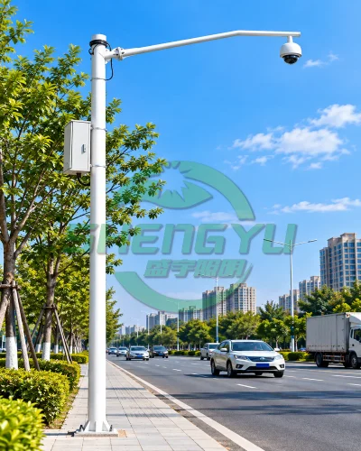 白色长横臂监控杆A05，单球机道路监控