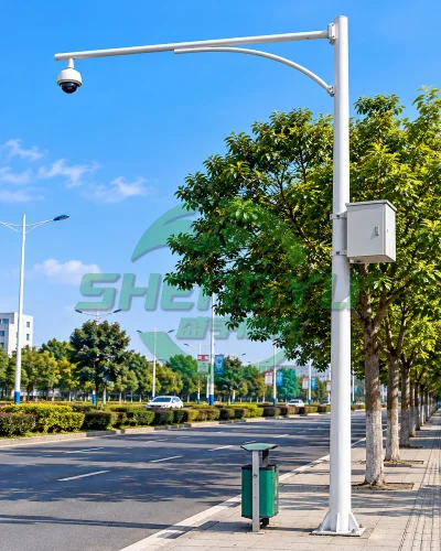 白色加强支撑监控杆，道路长横臂监控立杆