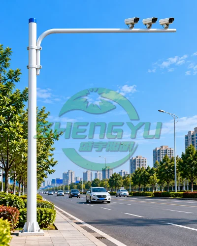 抱箍式监控杆A14，三摄像机横臂安装