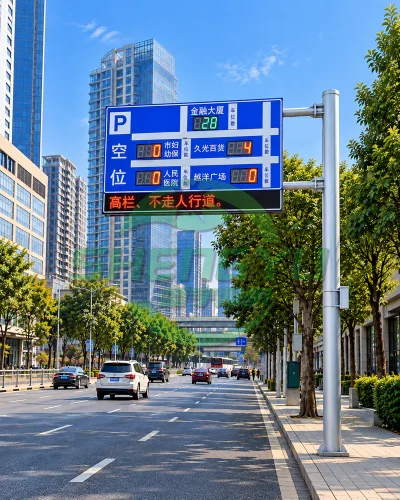 城市道路停车诱导屏杆安装场景，侧挂式停车余位信息显示屏