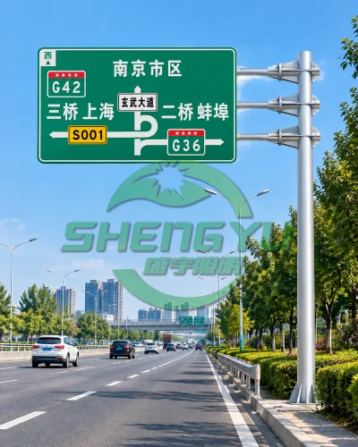 城市道路旁悬挂绿色指路牌的悬臂式交通标志杆