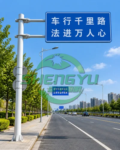 城市道路旁的双横臂交通安全宣传标志杆