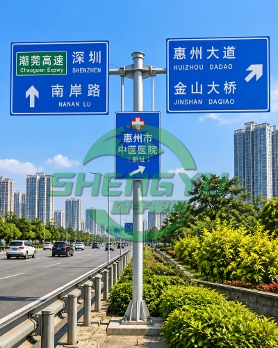城市道路旁设置多块方向指示牌的双向悬臂标志杆