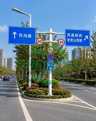道路分流岛上的双向指路牌与禁令标志共杆设施