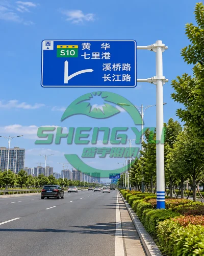 城市道路旁的蓝色大型指路牌悬臂标志杆