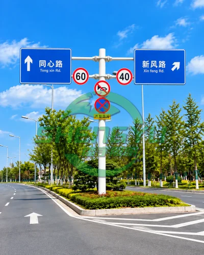 城市分岔路口设置左右指路牌的双悬臂交通标志杆
