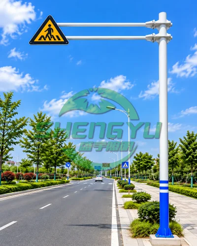 城市道路旁安装注意行人标志的双横臂悬臂杆