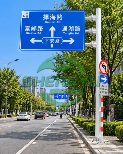 城市交叉口前的蓝色指路牌与附属标志杆设施